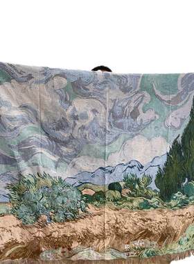 美式乡村复古莫里斯花鸟挂布梵高油画风柏树麦田壁毯盖布桌布披毯