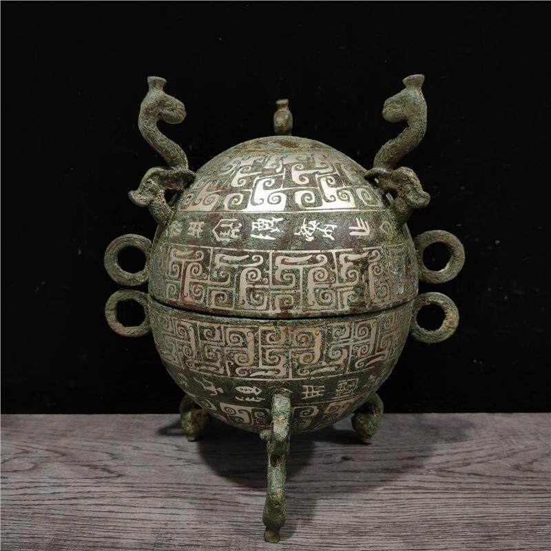 古青铜器古做旧古代青铜器食器错银春秋龙纹敦博物馆古玩收藏