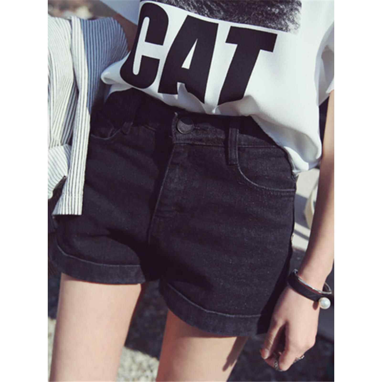 法国Rouje tusse牛仔短裤女高腰a字显瘦宽松大码胖mm卷边黑色热裤