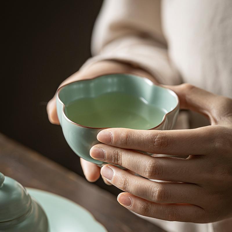 天青汝窑梅花杯品茗杯汝瓷个人杯茶盏陶瓷开片可养主人杯普洱茶杯