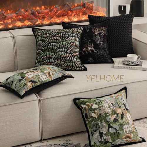 ?法式中古尔风沙抱枕绿色轻奢感发F78657HM客厅雪尼花老虎靠垫提