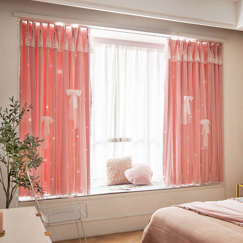 网红镂空窗帘免打孔安装卧室遮光韩式双层星星公主风客厅飘窗纱帘