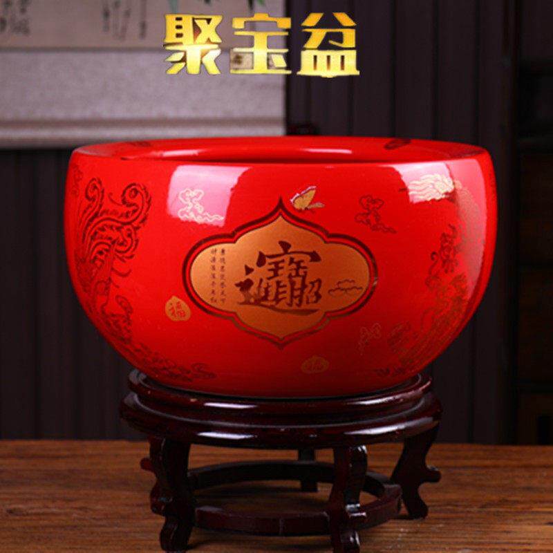 景德镇陶瓷聚宝盆鱼缸红色招财进宝水仙花盆结婚礼品烟灰缸荷花缸