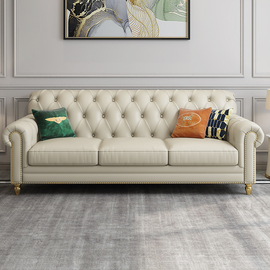美式轻奢沙发头层牛皮，高端别墅欧式小户型客厅，现代真皮三人位组合
