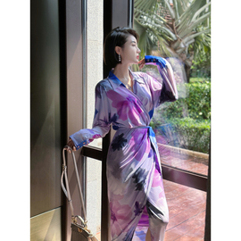 XULU原创氨纶网法式印花衬衫领长袖裹身裙气质修身显瘦连衣裙