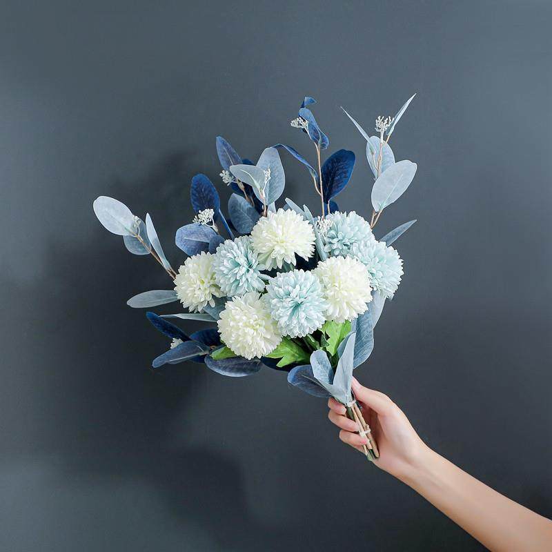 高档色地中摆海简美桌面陶瓷花瓶蓝树白仿真花艺尤加利桉叶绣球套