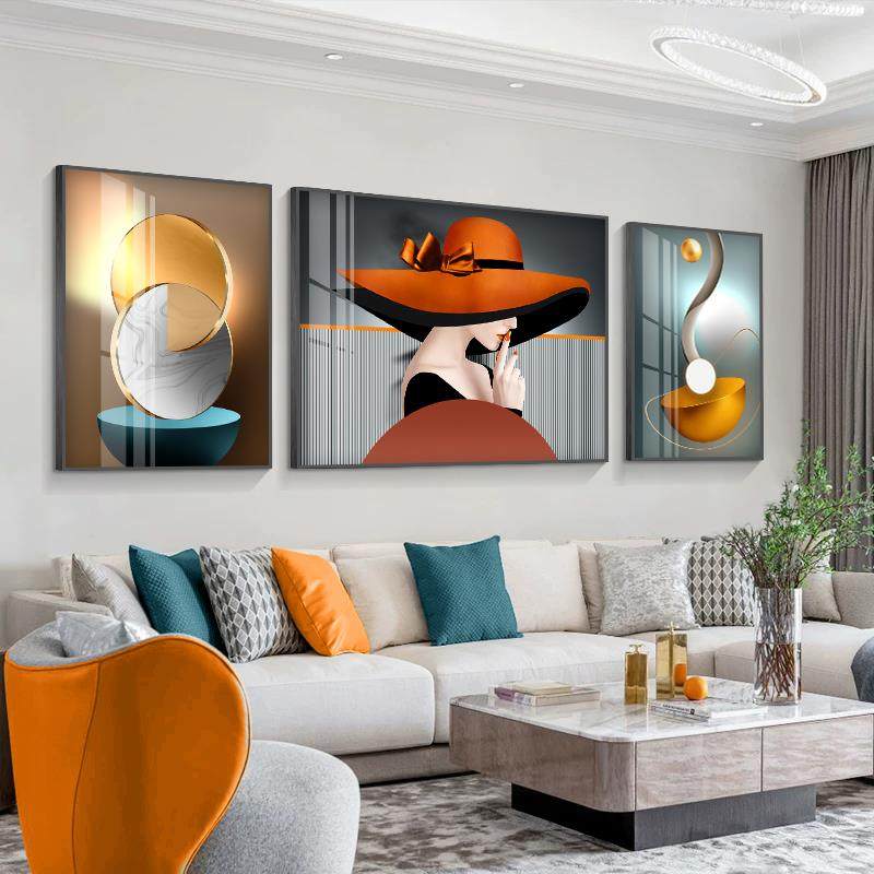 高档现画代轻奢客象厅装饰画组合档壁抽艺高术人物美女沙发背景墙