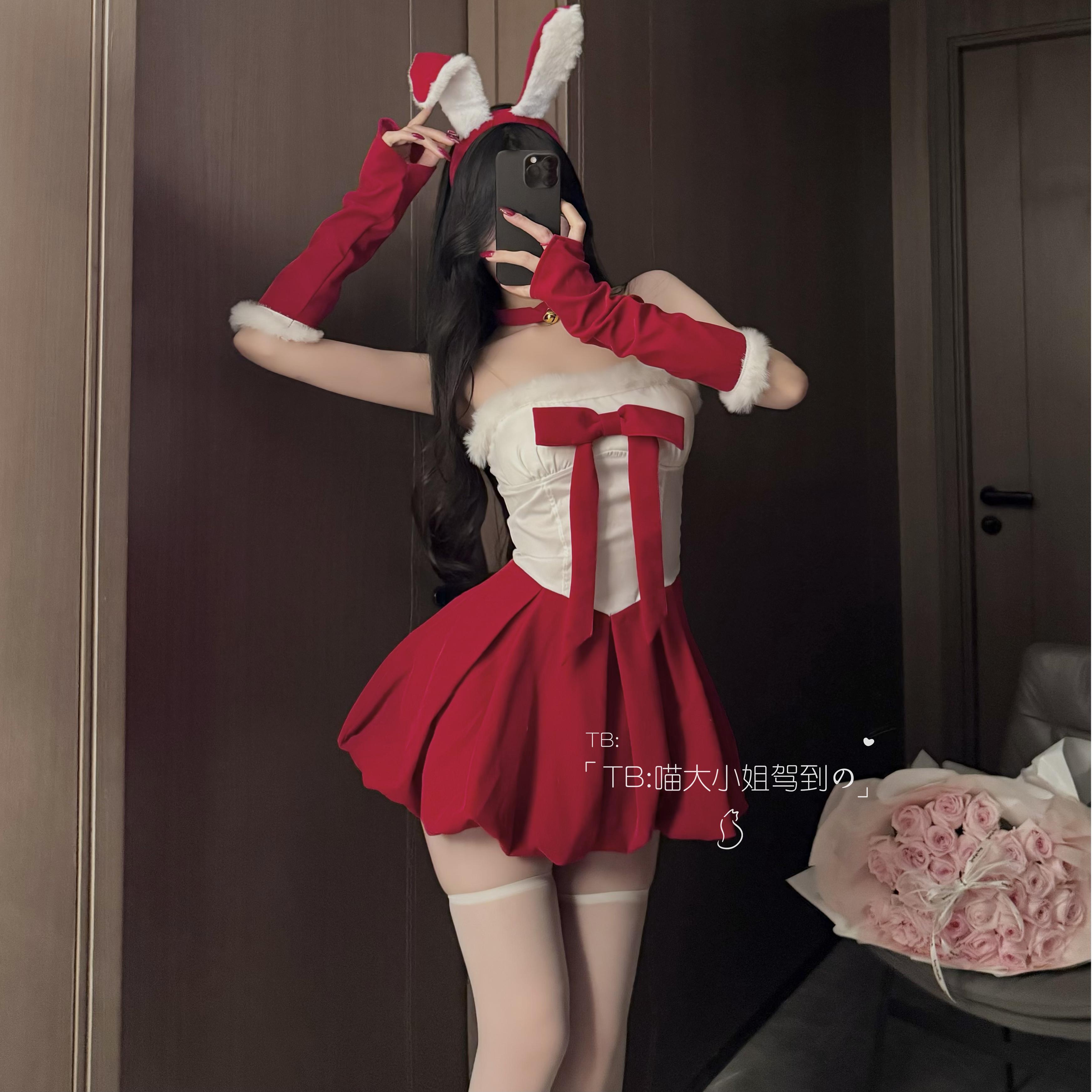 圣诞节可爱性感纯欲风金丝绒甜美蝴蝶结抹胸连衣裙cos圣诞兔女郎