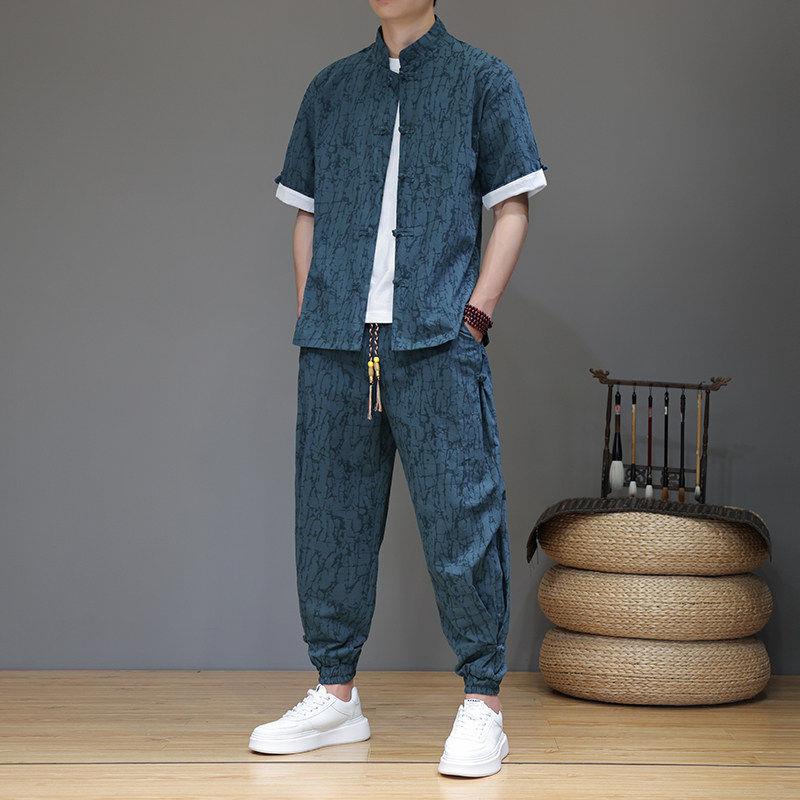 高端品牌轻奢风可外穿家居服男款夏季夏天纯棉麻短袖长裤睡衣套装