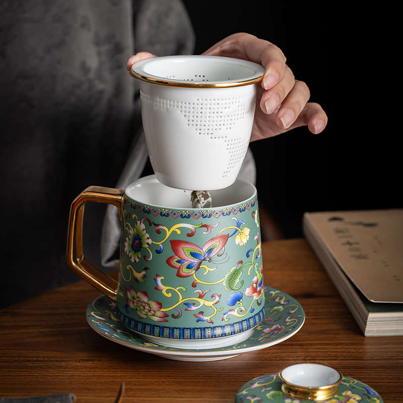 珐琅彩泡茶杯陶瓷茶水分离带茶滤内胆个人办公杯会议杯高端茶杯