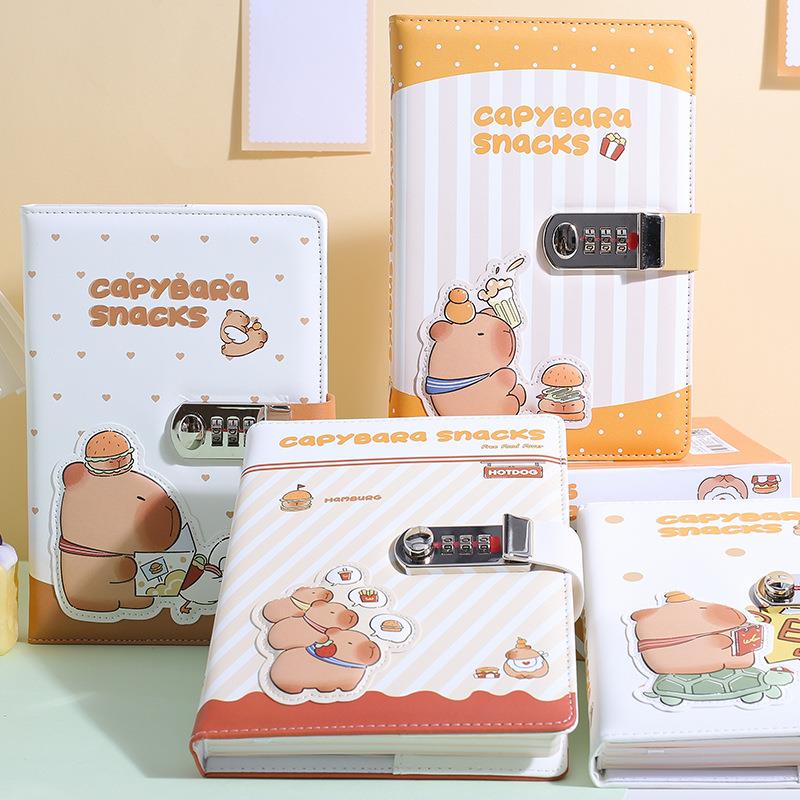 卡皮巴拉儿童密码本带锁日记本彩页笔记本文具加厚PU记事本盒装本