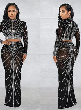 Two Pieces Set Hot Fixing Rhinestone Mesh Shirt Skirt Set