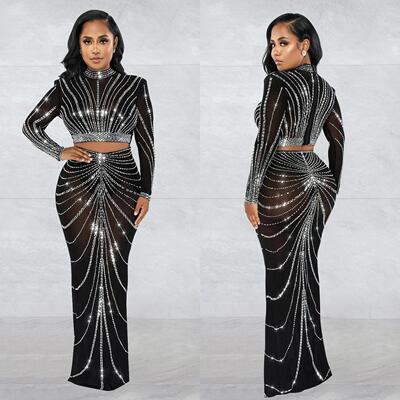 Two Pieces Set Hot Fixing Rhinestone Mesh Shirt Skirt Set