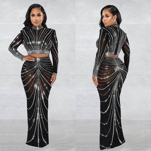 Two Pieces Set Hot Fixing Rhinestone Mesh Shirt Skirt Set