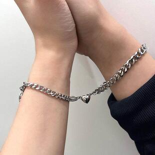 2Pcs Punk Silver Color Chain Couple Bracelet for Women Stain