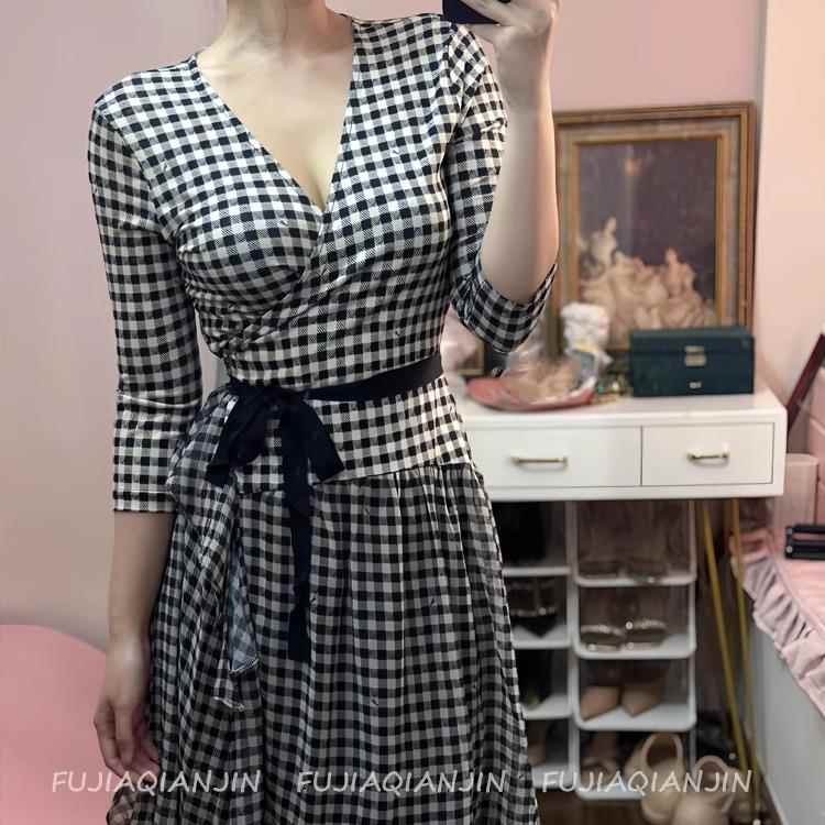 卜斯斯经典黑白格收腰连衣裙春夏女士七分袖一片式系带弹力裹身裙