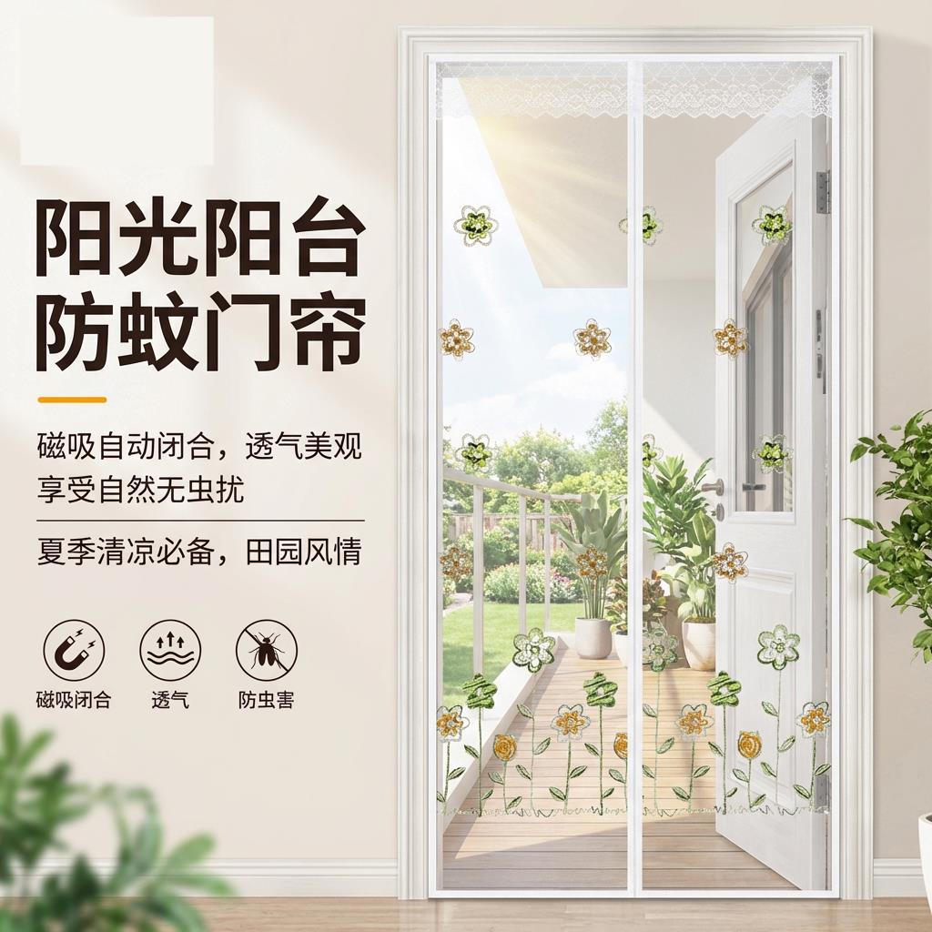 自粘防蚊门帘磁性纱门夏季防蝇防虫通风家用卧室隔断帘子免打孔