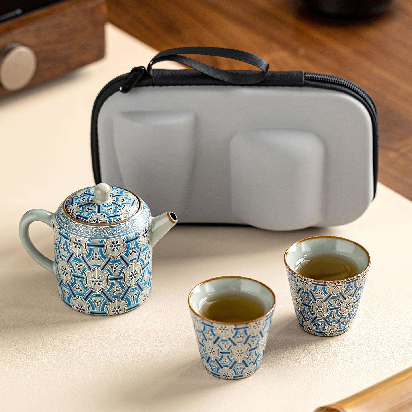 汝窑君品壶旅行茶具富甲一方一壶二杯户外便携陶瓷泡茶壶杯