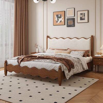 法CGV式复古实白蜡木布木艺包双人主软卧大床中古风涟漪床简约现