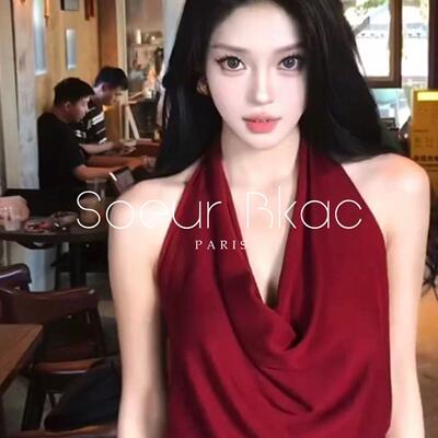 法国SOEUR BKAC夏季法式高级红色挂脖吊带背心气质荡领无袖上衣女