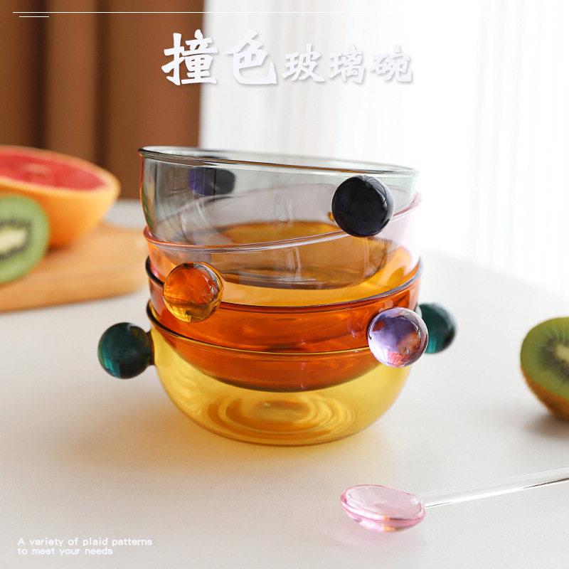 双球形把手彩色玻璃碗水果沙拉碗汤饭碗可电磁炉加热耐温玻璃碗