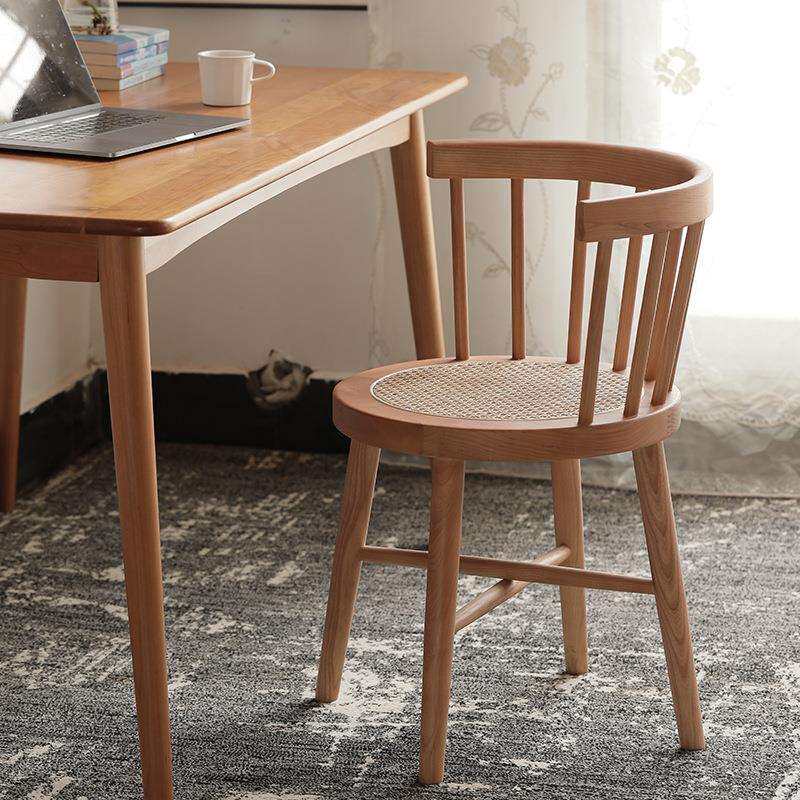 北欧藤圈椅实木单人休闲椅橡木藤编编织温莎餐椅餐厅书房围椅