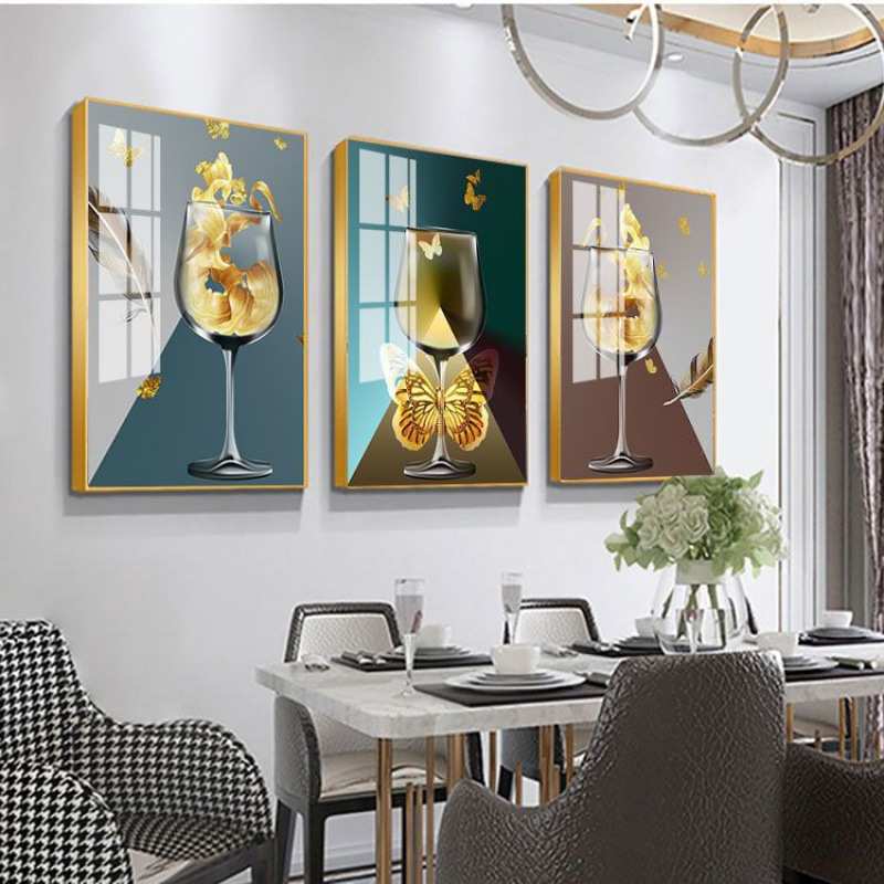 餐厅装饰画三联酒杯有框水晶画水果厨房挂画客厅装饰画卧室墙壁画