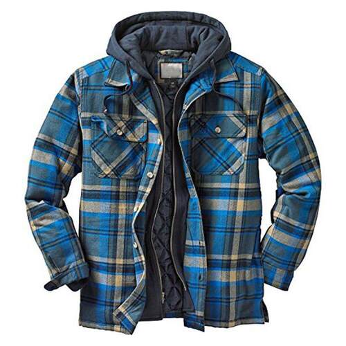 Men's thick cotton jacket with plaid long sleeved hooded