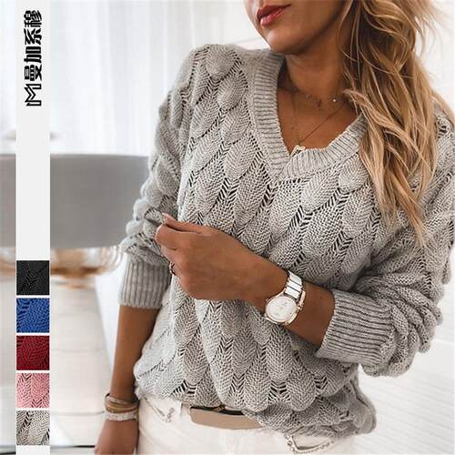 Knitted feather hollow collar long sleeved sweater for
