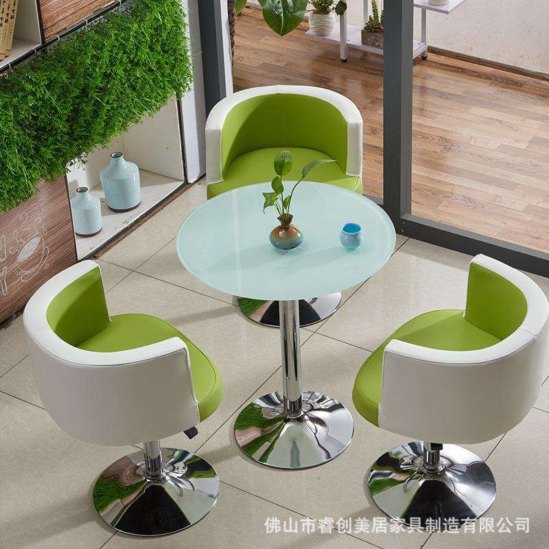 简约奶茶店桌椅组合经济型餐桌钢化玻璃圆桌洽谈升降旋转椅咖啡桌