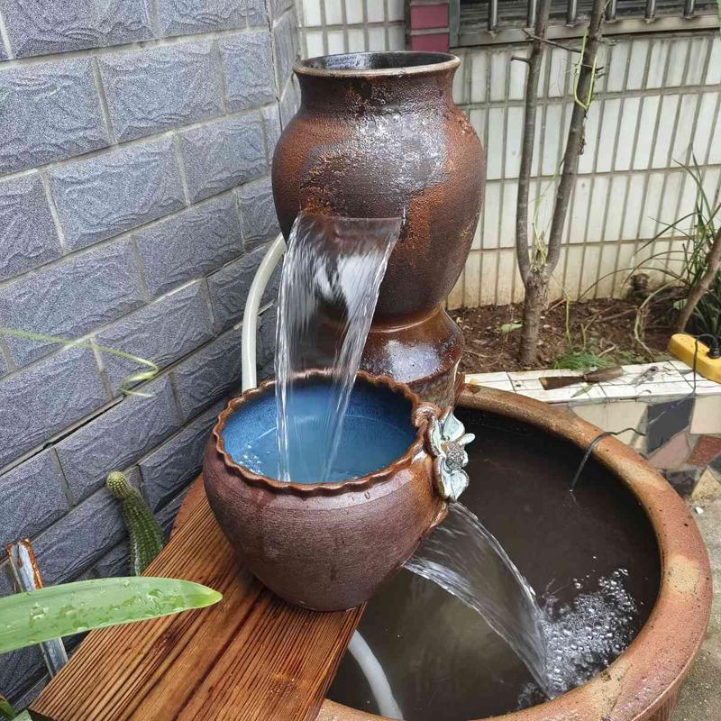#古法鱼缸庭院生态缸瀑布流水陶罐循环流水造景冲氧过滤摆件包邮