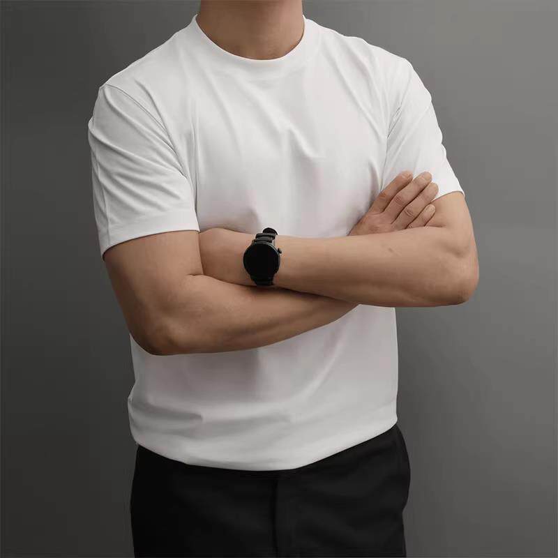 原棉部落 美式休闲T恤男士夏季正肩白色速干短袖男款高端休闲半袖