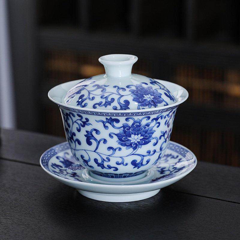 见山烧景德镇青花瓷三才盖碗茶碗茶杯陶瓷单个高档复古功夫茶具泡