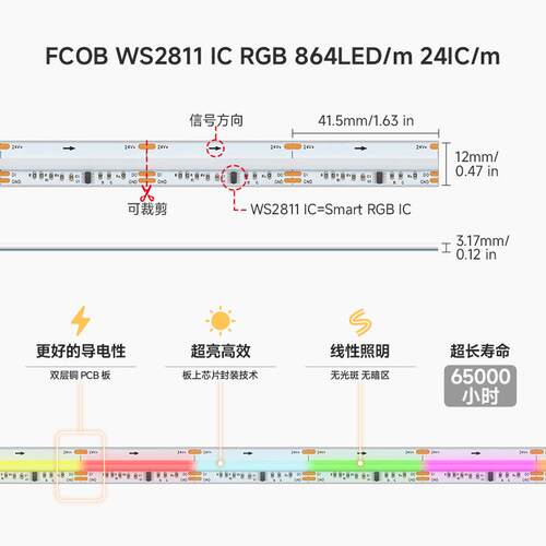 24V柔性FCOB幻彩LED灯条WS2811RGB全彩864灯编程流水匀光12V灯带