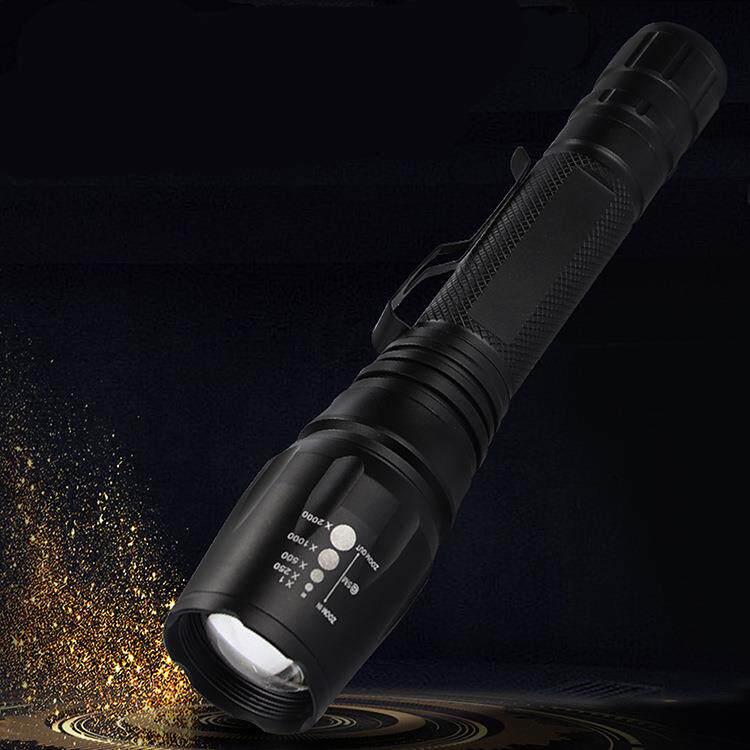 18650强光T6变焦双节电池10W远射户外照明野营l巡逻防水充电手电