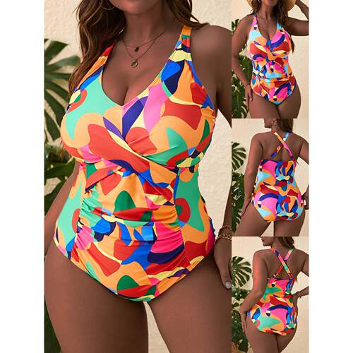 Plus Size Colorful Abstract Print One Piece Swimsuit Halter