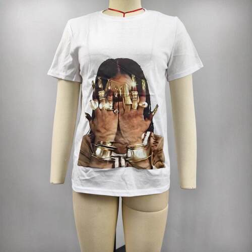 Women Round Neck Ring Finger Print Tee Casual Sleeve Knit