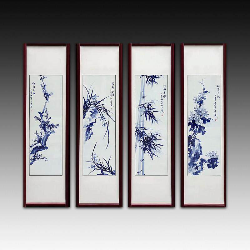 景德镇手绘四屏瓷板青花梅兰竹菊客厅中国风入口装饰画沙发背景