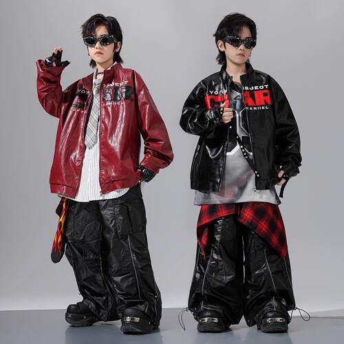 儿童街舞潮服元旦少儿hiphop演出服机车夹克皮衣外套男女孩架子鼓