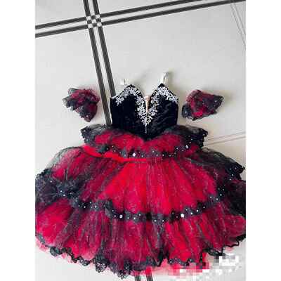 高档高级黑制红色蓬蓬裙蹈成定人女士儿童穿舞台表演长裙专业舞演