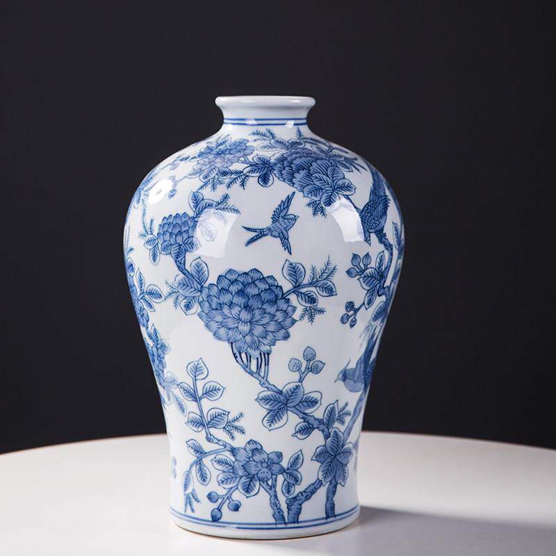 新古典中式青花瓷装饰花鸟图案仿古做旧手绘瓷器玄关博古架摆件