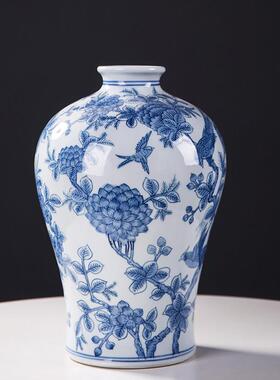 新古典中式青花瓷装饰花鸟图案仿古做旧手绘瓷器玄关博古架摆件