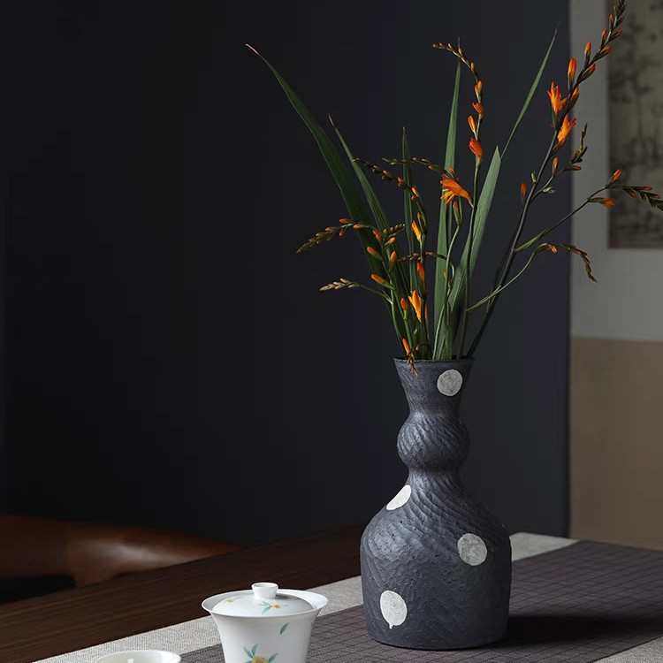 陶艺家中式粗陶花瓶 景德镇手作银彩花器 纯手绘花插批发
