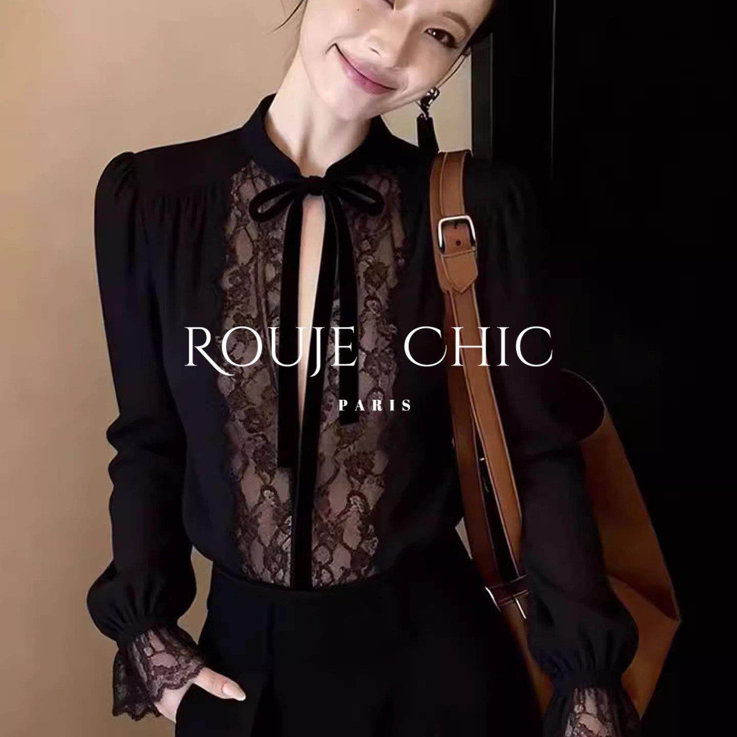 法国rouje chic黑色蕾丝蝴蝶结拼接长袖衬衫女早春高级感气质上衣