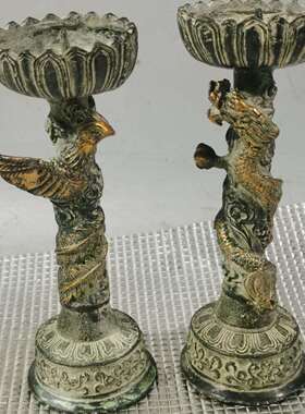仿古龙凤烛台摆件古玩杂项龙凤呈祥烛台一对家居装饰古董工艺品