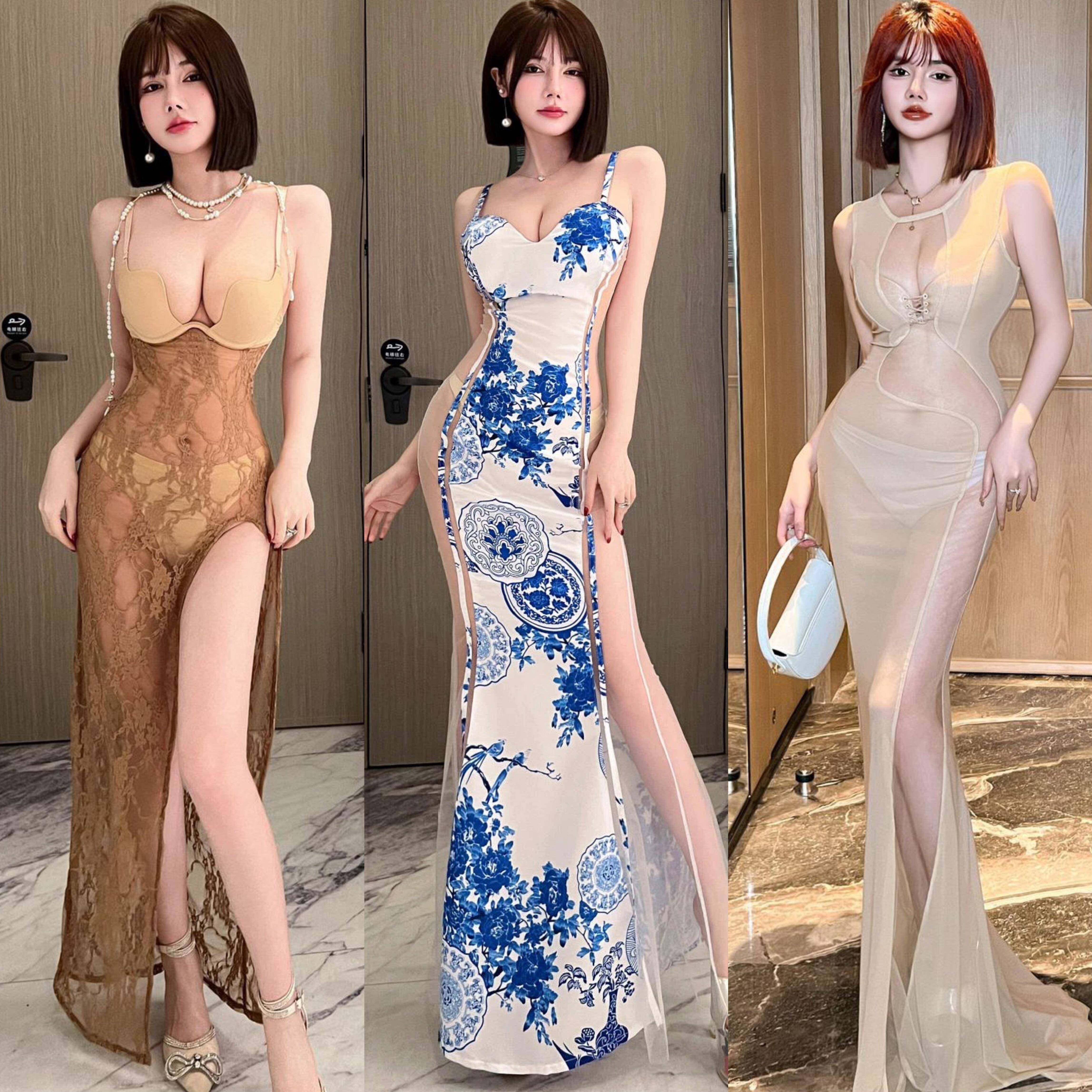 酒吧ktv文胸夜店装晚礼服女级性感名媛透视长款气质衣裙深V夜店宴