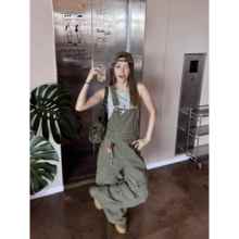 XFX 美式复古水洗多口袋工装背带裤女休闲阔腿街头设计感拖地长裤