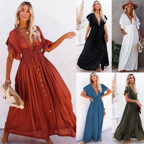 Plain Color Dress V Neck Seven-Quarter Ruffled Sleeves