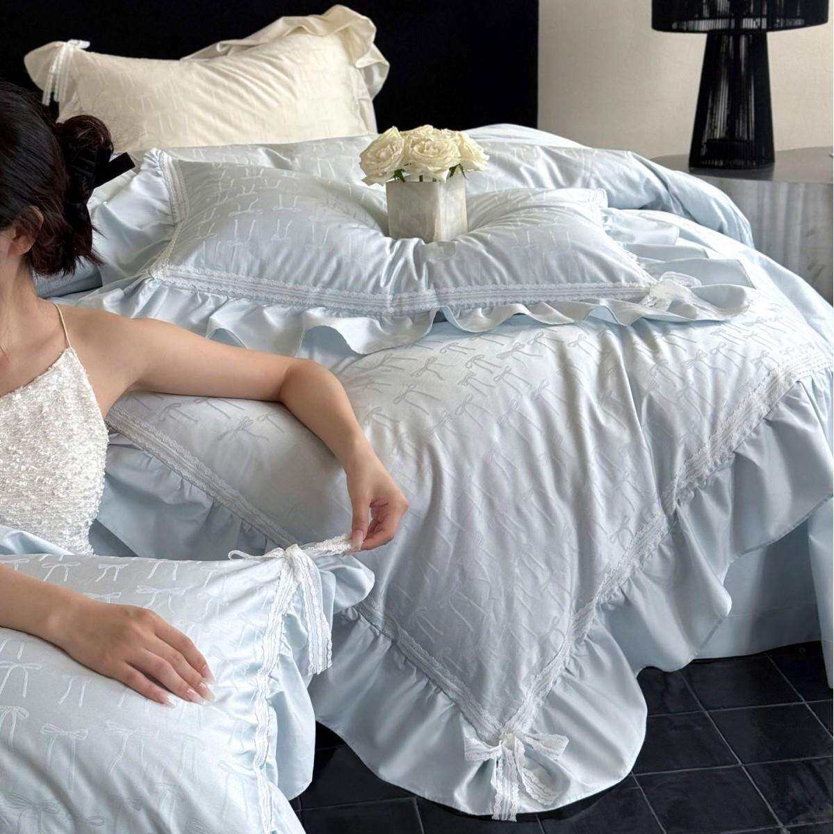 法式公主风蕾丝蝴蝶结印花少女感花边小清新蓝色澳棉全棉四件套