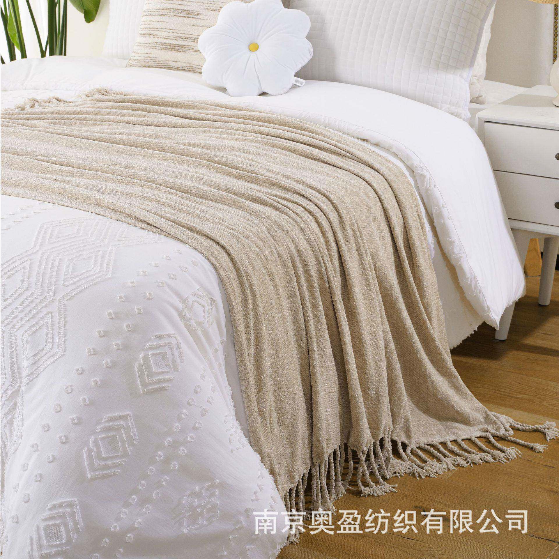 亚马逊毛毯午睡毯纯色雪尼尔手工搓须盖毯throw沙发毯办公室盖毯